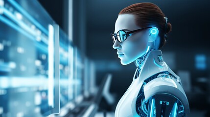 Artificial intelligence robot with futuristic smart eyeglasses by light trail