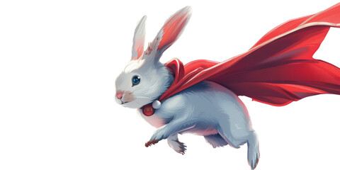  rabbit leaping or in mid-jump, dressed in a superhero outfit, showcasing agility and bravery.