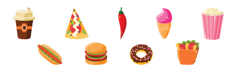 Wall Mural - Fast Food Bright Object and Item Vector Set