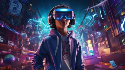 Future digital technology metaverse game and entertainment, Teenager having fun play VR virtual reality goggle, sport game 3D cyber space futuristic neon colorful background,