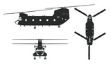 Fototapeta Dinusie - Military transport helicopter. Armed copter silhouette. Top, front and side views. Black drawing. Industrial blueprint of war force aviation. Army cargo vehicle