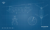 Fototapeta Dinusie - Military transport helicopter. Outline drawing of armed copter. Top, front and side views. Print image. Industrial blueprint of war force aviation. Army cargo vehicle
