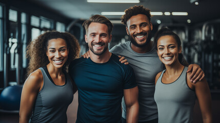 Group of happy diverse friends in sportswear in gym smiling at camera.