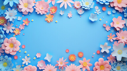 Background of blue paper flowers with empty space for text or greeting card design. Postcard for International Women's Day and Mother's Day