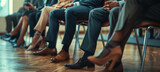 Fototapeta  - Close up of business peoples legs waiting for a job interview. Hiring and recruitment concept
