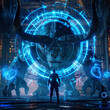 Minotaur guarding a high tech labyrinth challengers approach with glowing blue auras animated scene