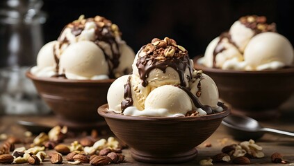 A whimsical scene of a side view of a vase filled with creamy white ice cream scoops, drizzled with rich chocolate sauce and sprinkled with crunchy nuts, sitting on a rustic wooden table.