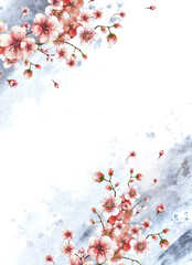 A blossoming branch from spring tree template illustration. Hand drawn blossoms sakura, cherry, apple buds, flowers on grey watercolor spots splashes background. Springtime card Isolated illustration