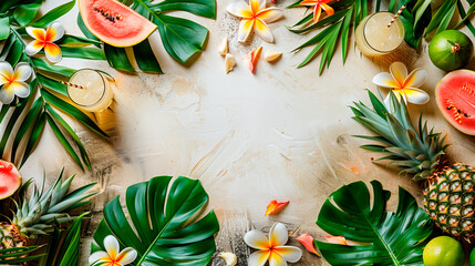 White and beige summer background with leaves and flowers