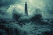 Majestic view of old lighthouses standing against the backdrop of a stormy sea, showcasing their enduring presence