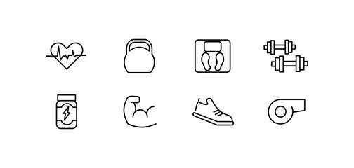 Sports icons set. Outline, heart pulse, kettlebell, scales, dumbbells, biceps, boot, whistle, sports icons design. Vector icons