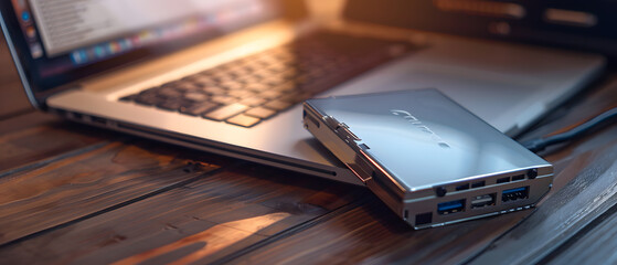Poster - External hard drive and laptop on a wooden table. 3d rendering