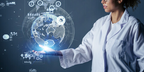 Poster - Black woman working in the office and science technology concept.