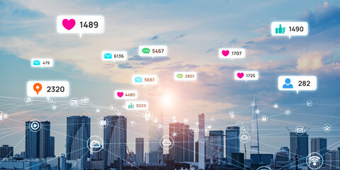 Aufkleber - Modern city social networking service concept. Notification balloon of SNS app.