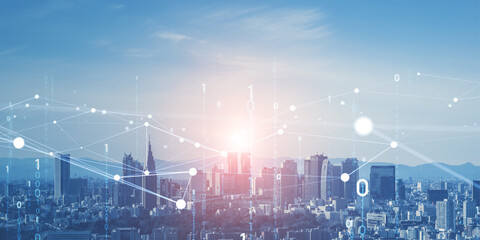 Poster - Smart city and communication network concept. 5G. LPWA (Low Power Wide Area). Wireless communication.