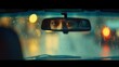 Intense Gaze Reflected in Rearview Mirror on Rainy Evening, taxi driver