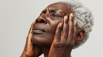 Wall Mural - A person with gray hair closed eyes and a hand on their face expressing a sense of deep thought or emotion.