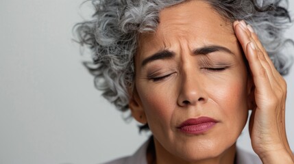 Wall Mural - A woman with gray hair closed eyes and a hand on her forehead expressing a sense of concern or distress.