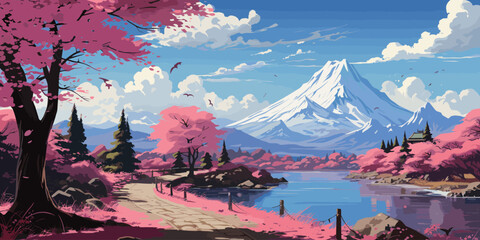 Wall Mural - a lakeside walkway with beautiful mountain scenery in the background in anime style vector