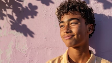 Wall Mural - A young man with curly hair smiling gently leaning against a pink wall with sunlight casting shadows from leaves.
