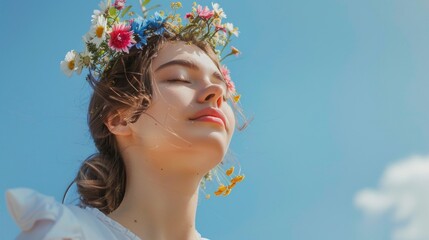 A young woman with closed eyes adorned with a floral crown basking in the sunlight against a clear blue sky.