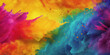 Happy Holi background. Abstract colorful gulal powder and dust rainbow pigment particles explosion. Hindu festival of colours greeting card, invitation or banner backdrop with copy space .