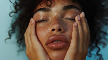 Wall Mural - A close-up of a person with closed eyes pressing their hands against their cheeks showcasing a serene and contemplative expression.