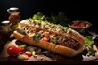 Delicious Gourmet Hot dog with rustic wooden board covers, a general masterpiece, generative IA