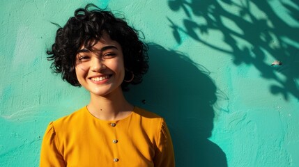 Wall Mural - A young woman with curly hair wearing a yellow blouse smiling against a textured teal wall with a tree's shadow.