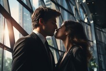 Romantic couple kissing by the office window, enjoying a moment of romance in the workplace