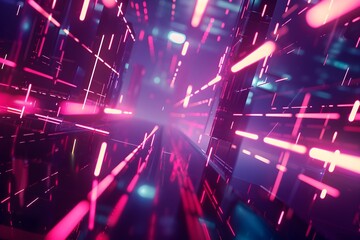 Canvas Print - dynamic and visually striking motion background featuring a bright light shining through neon lines in style of retro-futuristic cyberpunk, abstract techno video backgrounds include blurred lines