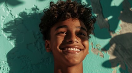 Wall Mural - A young boy with curly hair smiling brightly at the camera against a textured blue wall with shadows and light creating a dynamic backdrop.