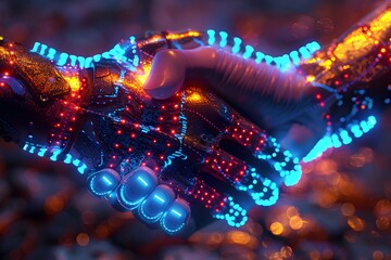 Canvas Print - A modern and stylized handshake of a robot and a human in the style of neon-infused digitalism representing the interaction between technology and humanity in a sleek and futuristic design