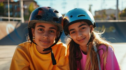 Two young girls wearing helmets smiling at the camera standing in front of a skate park.