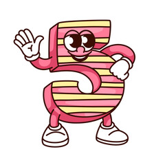 Wall Mural - Groovy number 5 cartoon character greeting with five fingers. Funny retro number with pink and yellow stripes waving to say Hello, digit mascot, cartoon sticker of 70s 80s style vector illustration