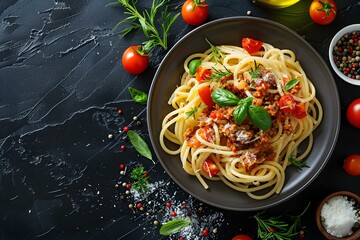 Wall Mural - Top View of Spaghetti Bolognese on a Black Background, Highlighting Italian Cuisine. Concept Italian Cuisine, Food Photography, Top View, Spaghetti Bolognese, Black Background
