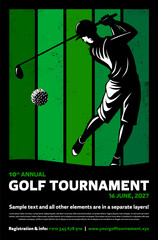 Poster - Golf tournament poster template with player silhouette batting ball and copy space for your text