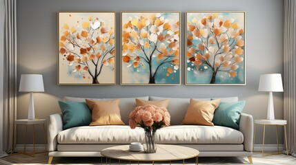 Wall Mural - A modern living room, colorful, minimalist, wall art mock - up