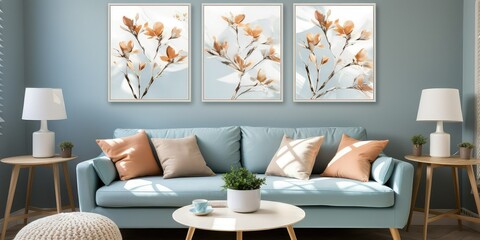 Wall Mural - Abstract Blue Flower Canvas Painting Modern Baby Blue Wall Art Picture for Living Room.