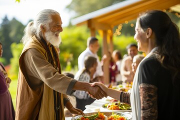 Wall Mural - 
Bahá'í Faith male leader welcoming a new adherent into the community through a unity feast and prayer gathering