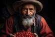 Latin farmer showing red coffee grains chosen in his hands, generative IA