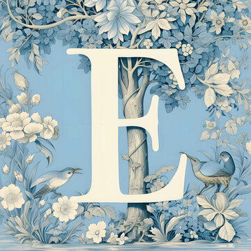 the letter e is surrounded by flowers and birds