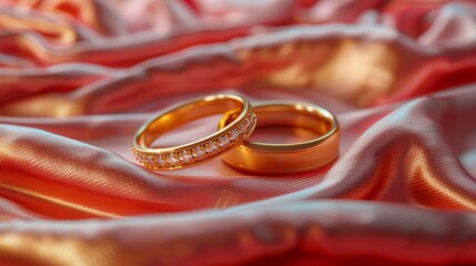 wedding rings for couple minimalistic design on a red background