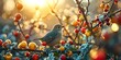 A perching bird with feathers sits on a branch of a tree adorned with berries.
