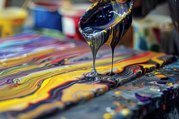 Poster - A cascade of multicolored paint streams from a container, blending into vibrant patterns on a canvas. Generative AI