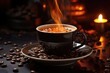 Steam of fresh coffee rises from a single dark mug generated by AI, generative IA