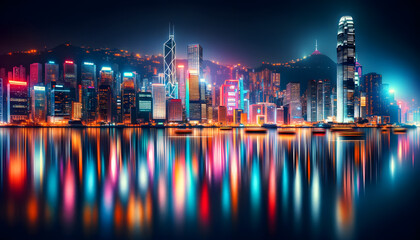 Wall Mural - Hong Kong skyline at night through a long exposure shot, showcasing the glittering skyscrapers reflected in the waters of Victoria Harbour