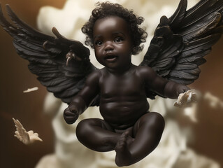 a little black cherub with wings, smiling floating with hearts and clouds in a horizontal layout, in