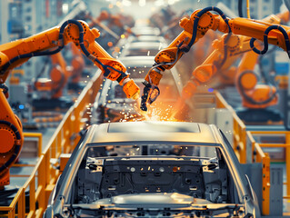Poster - Robot assembly line in car factory