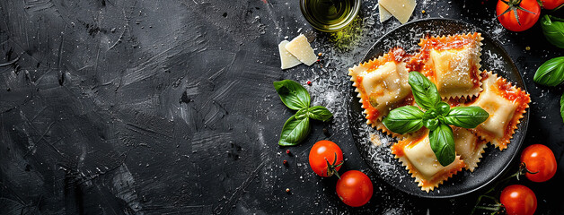 Top down image of ravioli with tomato sauce, parmesan and basil on a rustic background